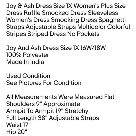 Joy & Ash Dress Size 1X Women's Plus Size Dress Ruffle Smocked Dress Sleeveless - Picture 2 of 8